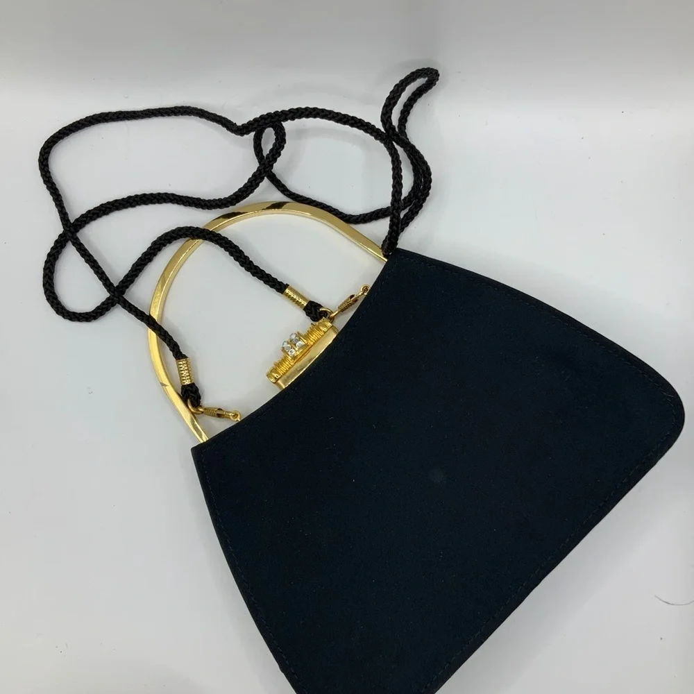 Y&S Vintage Elegant Black Satin Gold Accents Crystal Embellished Clasp Handbag